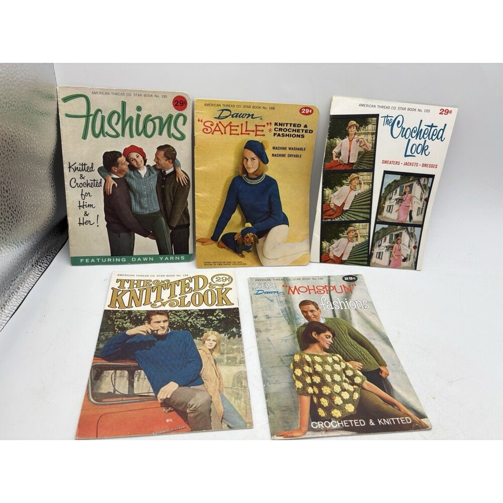 Vintage Crochet Knitting Pattern Book Lot Dawn Sayelle Mohspun 1960s